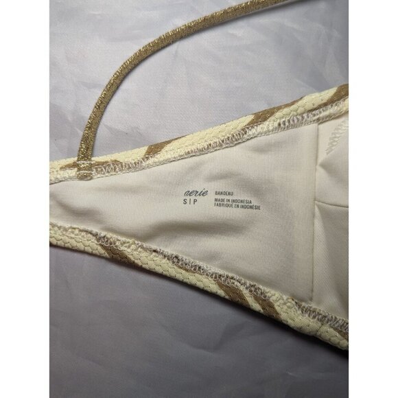 AERIE ZEBRA STRIPED BIKINI SMALL CREAM BROWN TAN BANDEAU KEYHOLE GOLDEN HALTER - Picture 7 of 13